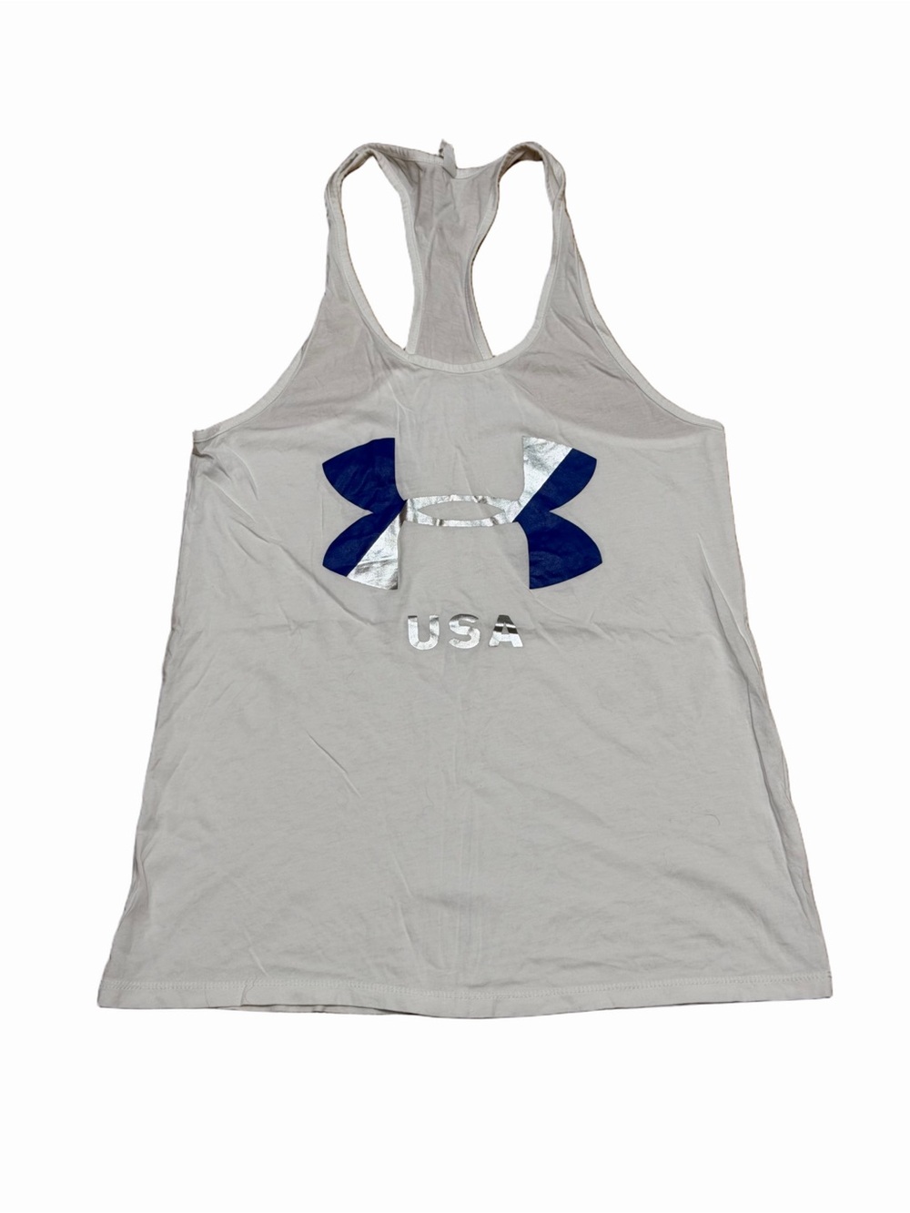 Under Armour HeatGear USA White Racerback Loose Tank Blue Silver Logo Size Small